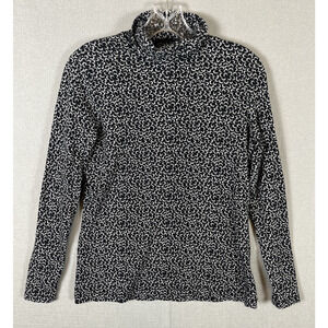 Lands End Womens Size M Petite Long Sleeve Turtleneck Top Black White Floral EUC